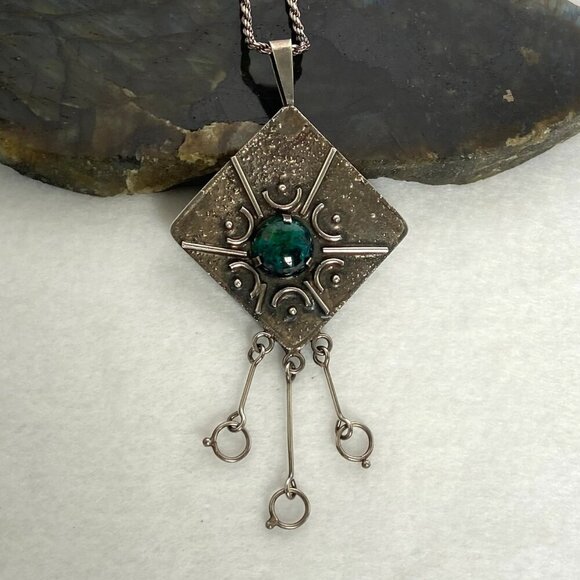 Sterling Silver 925 Israel 4" Modernist Style Eilat Stone Pendant Necklace 24" - Picture 6 of 16